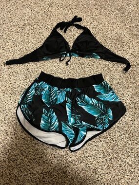 Black Bikini Top and Tropical Leaf Shorts Set - Teal/Black